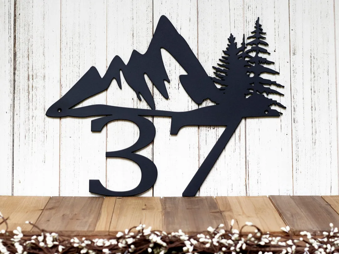 il_fullxfull.3290283454_7qpw_1024x1024_2x_2f8c26f5-bafc-4aee-b8f8-3bc279e1164c.webp Custom Mountain House Number Metal Sign - Black, Mountain, Pine Tree, Metal Sign, Outdoor Sign