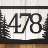 Rustic Metal House Number Sign With Pine Trees, Address Plaque, Cabin Signs, Housewarming Gift, Matte Black Shown