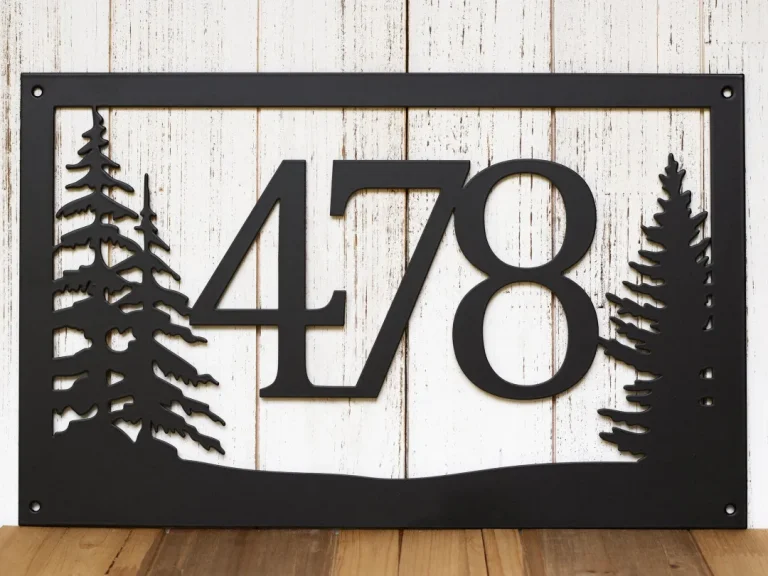 Rustic Metal House Number Sign With Pine Trees, Address Plaque, Cabin Signs, Housewarming Gift, Matte Black Shown