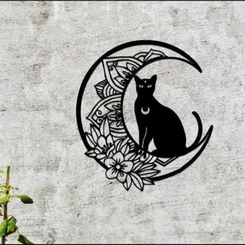 Black Cat On The Moon Sign, Cat And Moon Metal Wall Art, Moon Cat Sign, Black Cat And Moon Decor, Magic Moon Cat Sign