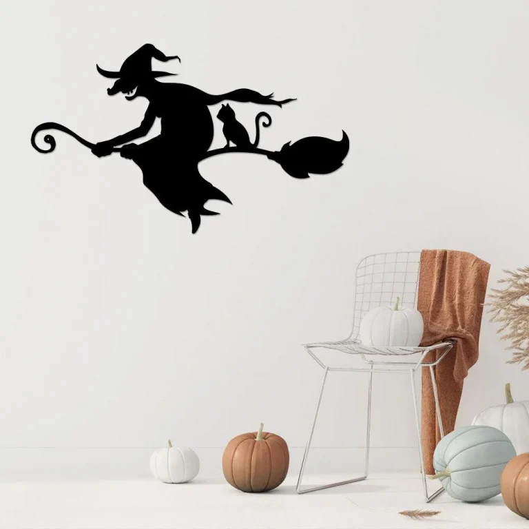 Witch And Cat Broom Silhouette Metal Sign, Gothic Wall Decor, Halloween Decorations Outdoor, Witch Signs, Black Cat Sign, Halloween Gift