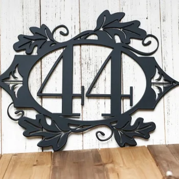 Metal Address Plaque With Oak Leaves, Metal House Numbers, Outdoor Metal Wall Art, Laser Cut Metal, 2 Digit, Matte Black Shown