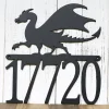 Metal Address Plaque With Dragon, House Number Sign, Outdoor Metal Wall Art, Medieval, Laser Cut Metal, Matte Black Shown