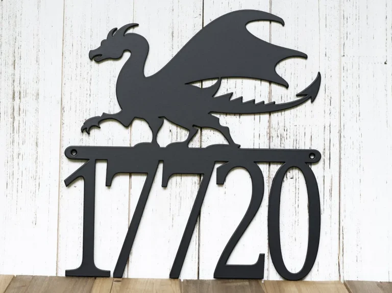 Metal Address Plaque With Dragon, House Number Sign, Outdoor Metal Wall Art, Medieval, Laser Cut Metal, Matte Black Shown