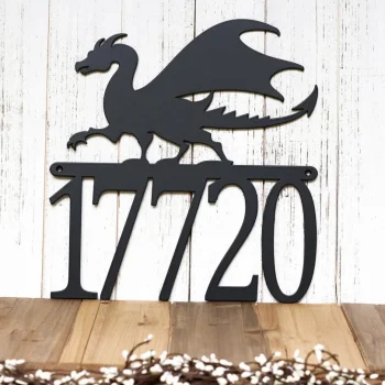 Metal Address Plaque With Dragon, House Number Sign, Outdoor Metal Wall Art, Medieval, Laser Cut Metal, Matte Black Shown