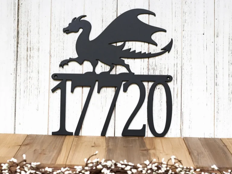 Metal Address Plaque With Dragon, House Number Sign, Outdoor Metal Wall Art, Medieval, Laser Cut Metal, Matte Black Shown