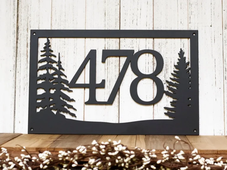 Rustic Metal House Number Sign With Pine Trees, Address Plaque, Cabin Signs, Housewarming Gift, Matte Black Shown