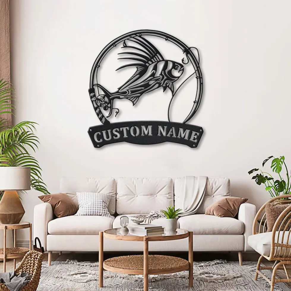 il_fullxfull.3348443631_glah.webp Personalized Roosterfish Fish Pole Monogram Metal Sign Art Roosterfish Fishing Metal Sign Fishing Lover Sign Decoration For Living Room