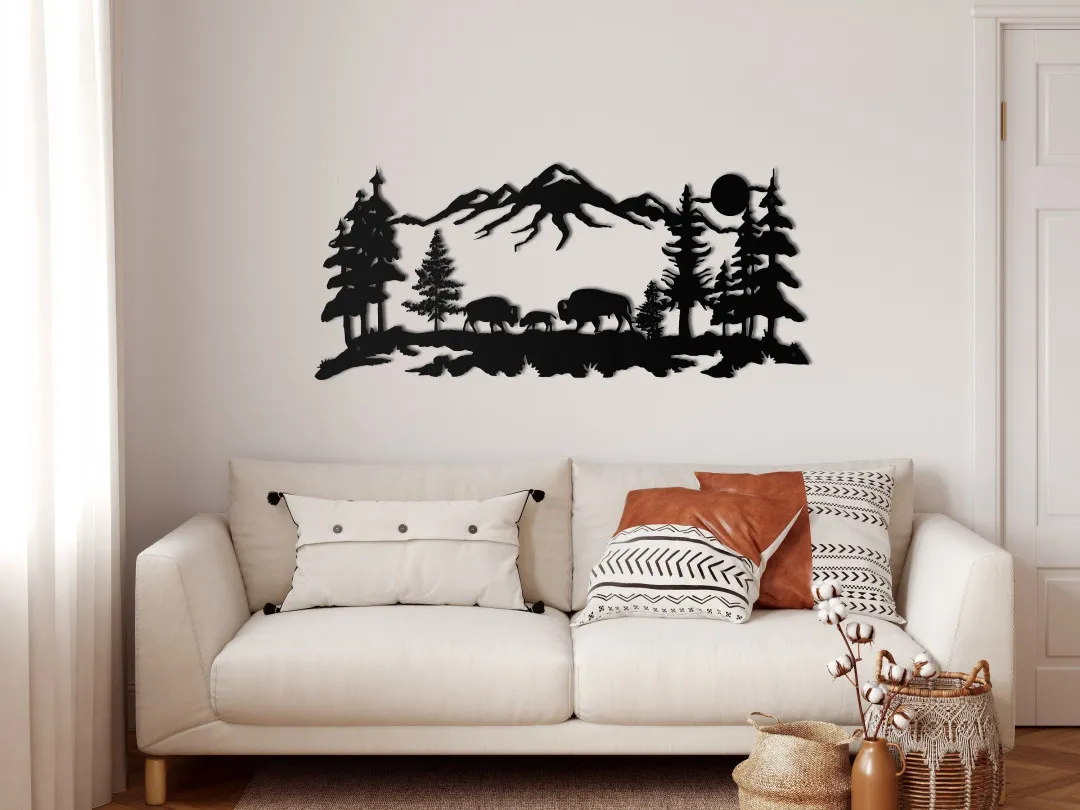 il_fullxfull.3360249714_6d0v.webp Metal Wall Art, Metal Bison Decor, Tree Mountain Bison Famu0131ly Art, Home Office Decoration, Wildlife Lover Gift, Wall Hangings