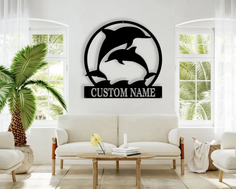 Happy Dolphin Metal Sign - Customize Dolphin Sign - Dolphin Monogram - Beach House Decor - Sea Life Sign - Dolphin Lovers - Family Room Sign