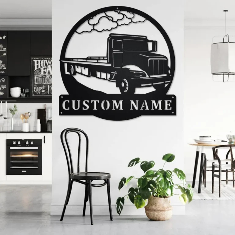 Custom Flat Bed Tow Truck Metal Wall Art, Personalized Truck Driver Name Sign Decoration For Room, Bed Semi Truck Home Decor, Custom Truck