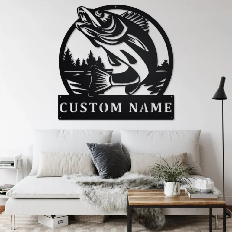 Custom Walleye Fishing Metal Wall Art, Personalized Walleye Fisher Name Sign Decoration For Room, Walleye Fishing Metal Home Decor, Walleye