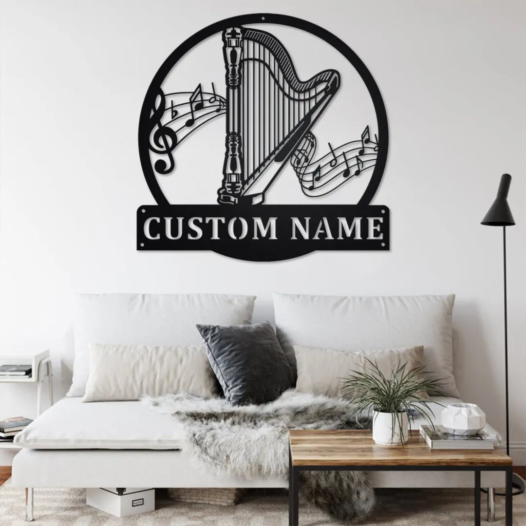 il_fullxfull.3560055118_qydy.webp Custom Musical Instrument Harp Metal Wall Art, Personalized Harp Teacher Name Sign Decoration For Room, Harp Home Decor, Custom Harp