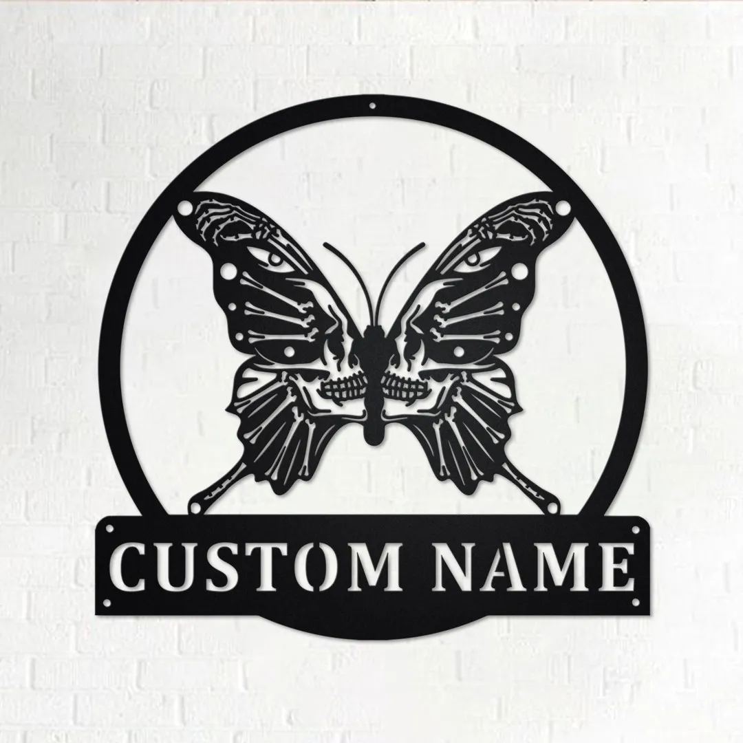 il_fullxfull.3564707368_ihv5.webp Custom Butterfly Skull Metal Wall Art, Personalized Butterfly Name Sign Decoration For Room, Butterfly Home Decor, Custom Butterfly Skull