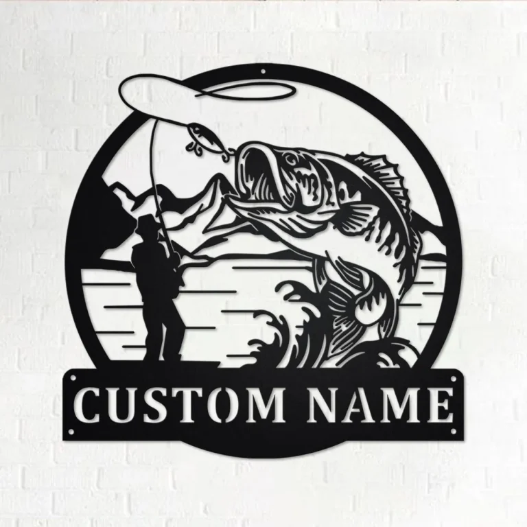 Custom Fisherman Bass Fish Metal Wall Art, Personalized Fisherman Name Sign Decoration For Room, Bass Fishing Metal Home Decor, Bass Fishing