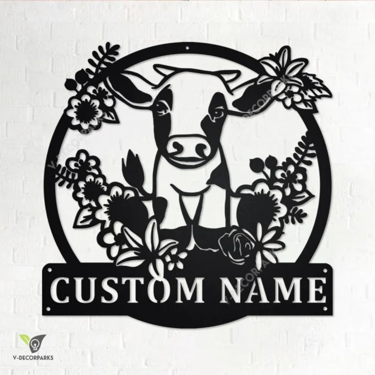 Custom Floral Cow Farm Metal Wall Art, Personalized Cow Farm Name Sign Decoration For Room, Cow Farm Metal Home Decor, Custom Floral Cow