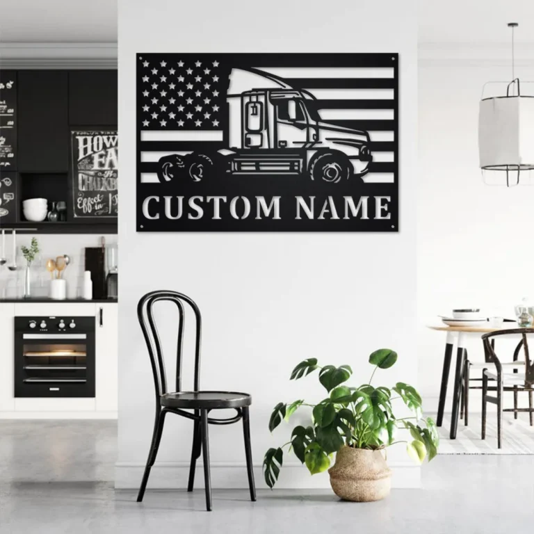 Custom Us Flag Semi Truck Metal Wall Art, Personalized Semi Truck Name Sign Decoration For Room, Semi Truck Home Decor, Custom Semi Truck