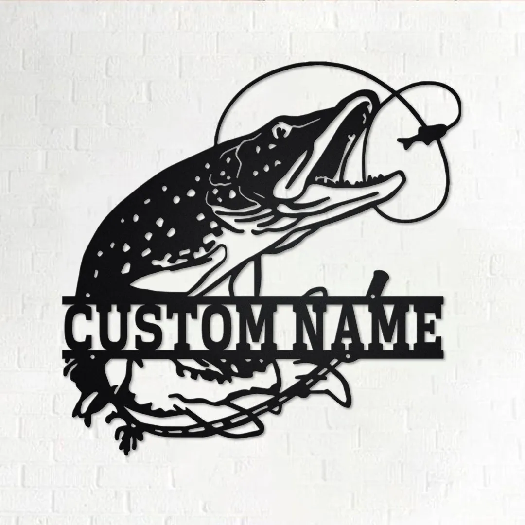 il_fullxfull.3592352688_7spa_430a8ab2-9cca-4bf9-b9a8-07a5300408c6.webp Custom Pike Fish Metal Wall Art, Personalized Pike Fish Name Sign Decoration For Room, Pike Fish Home Decor, Custom Pike Fishing, Pike Fish
