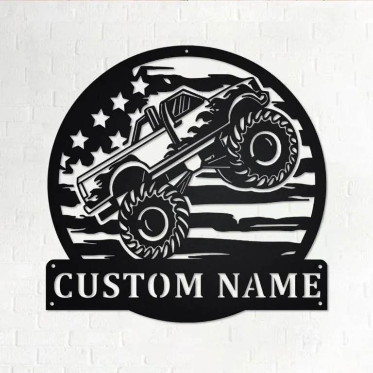 Custom Usa Monster Truck Metal Wall Art, Personalized Monster Truck Name Sign Decoration For Room, Monster Truck Home Decor, Monster Truck