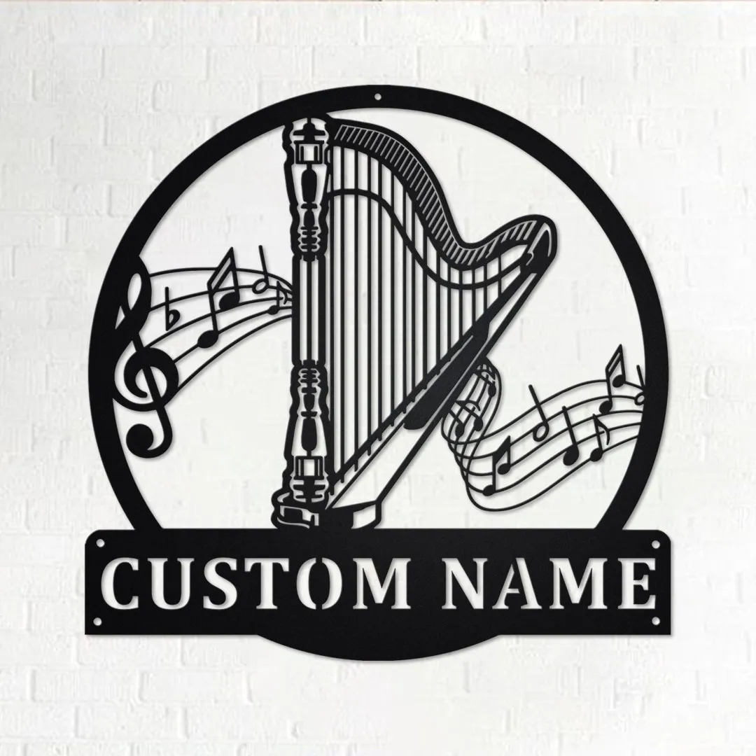 il_fullxfull.3607683349_c7ox.webp Custom Musical Instrument Harp Metal Wall Art, Personalized Harp Teacher Name Sign Decoration For Room, Harp Home Decor, Custom Harp