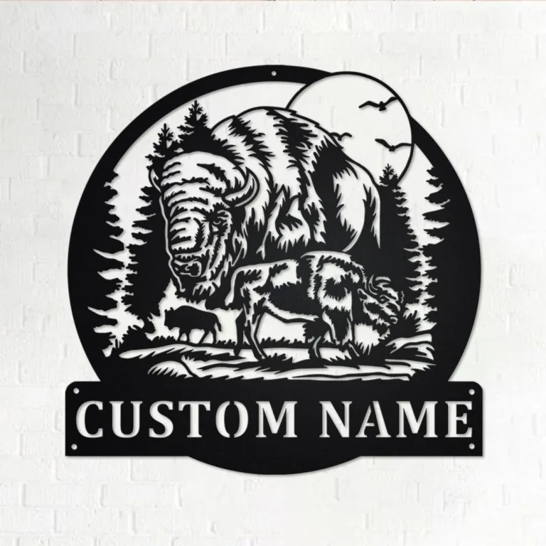 Custom Bison In Forest Metal Wall Art, Personalized Bison Name Sign Decoration For Room, Bison Home Decor, Custom Bison In Forest, Bison