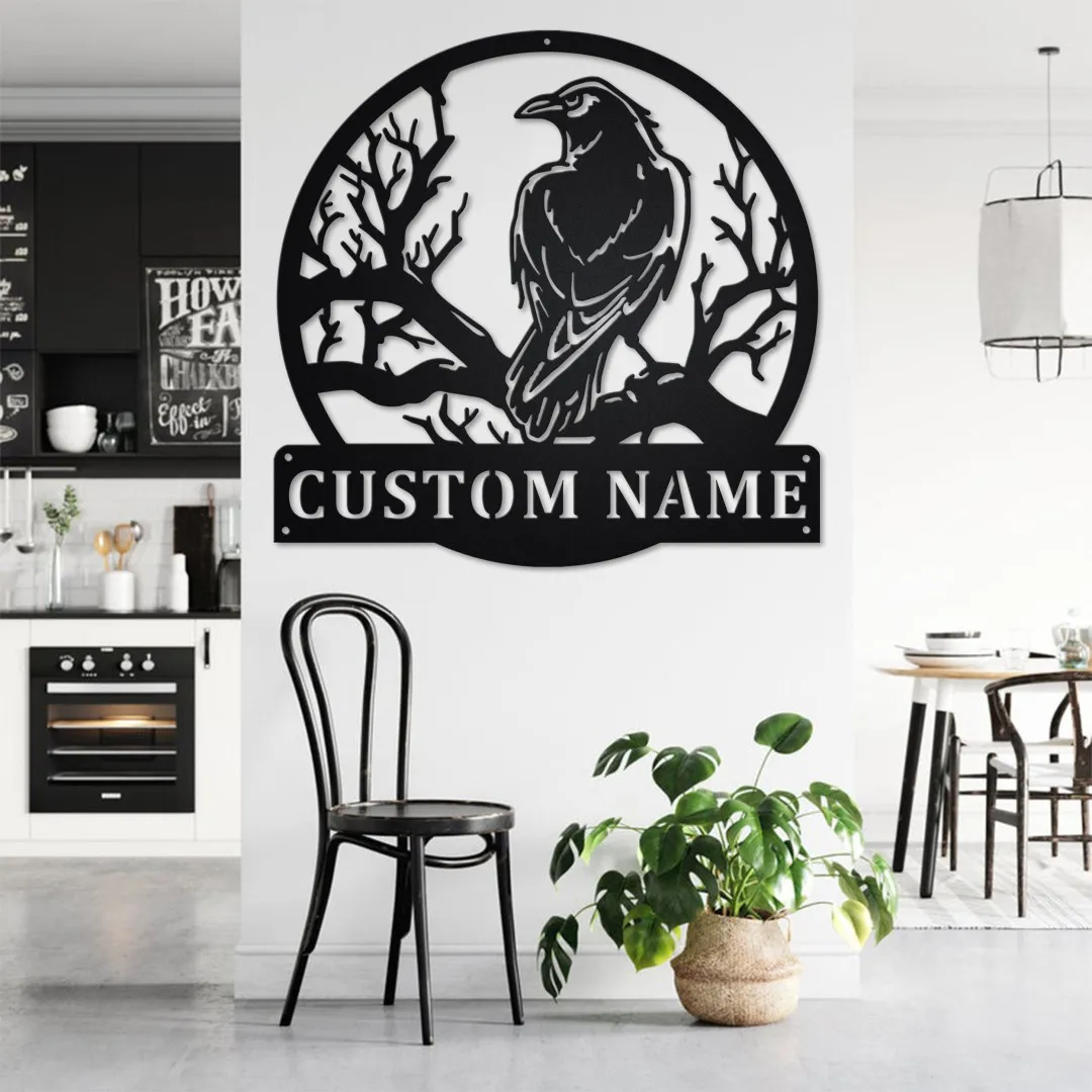 il_fullxfull.3612305969_i9bf_26078aaa-3a68-43a3-b8fe-13e66a529d89.webp Custom Black Crow Sitting Night On Tree Metal Wall Art, Personalized Black Crow Name Sign Decoration For Room, Black Crow Home Decor