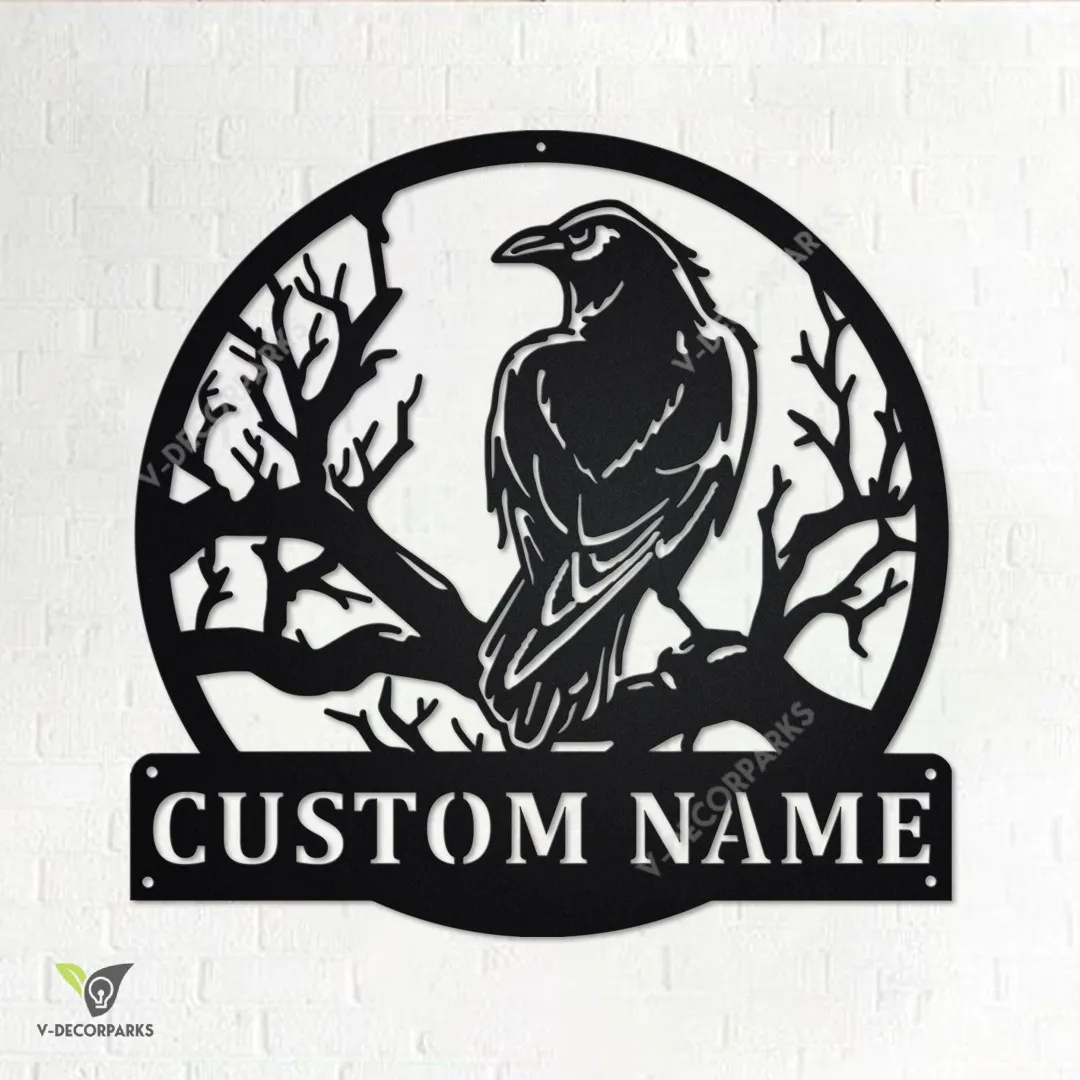 il_fullxfull.3612305981_i464_2fc4b183-7f14-4f7f-934e-f2a1e971e7ce.webp Custom Black Crow Sitting Night On Tree Metal Wall Art, Personalized Black Crow Name Sign Decoration For Room, Black Crow Home Decor