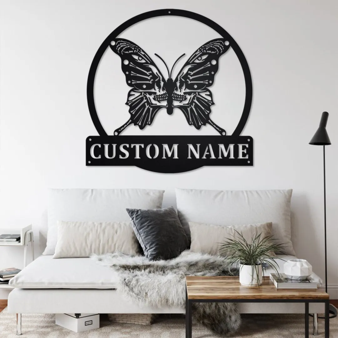 il_fullxfull.3612326499_iuby.webp Custom Butterfly Skull Metal Wall Art, Personalized Butterfly Name Sign Decoration For Room, Butterfly Home Decor, Custom Butterfly Skull