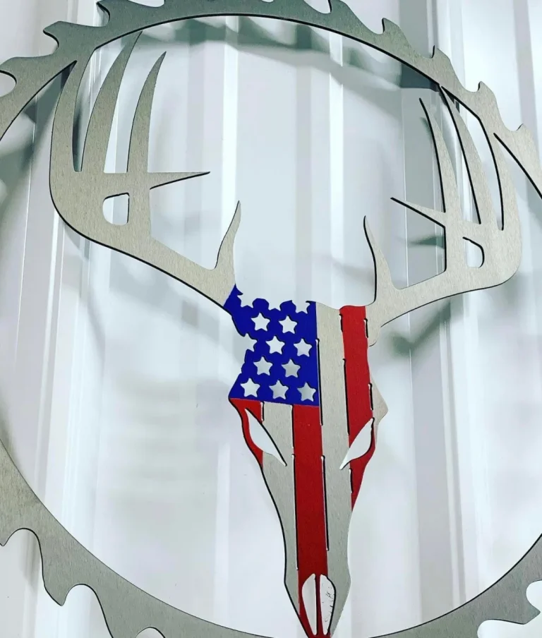 Metal Flag Deer Skull Sawblade - Usa Flag - Deer Skull Sign - Sawblade Decor - Rustic Sign - Gift For Him - Fathers Day Gift - Hunting Gift