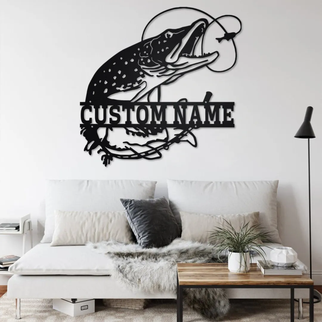 il_fullxfull.3639970415_oq5v_8d7d8b64-1151-496c-b4f7-63242ad4064c.webp Custom Pike Fish Metal Wall Art, Personalized Pike Fish Name Sign Decoration For Room, Pike Fish Home Decor, Custom Pike Fishing, Pike Fish