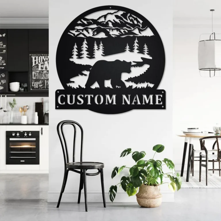 Custom Rustic Bear Mountain Scene Metal Wall Art, Personalized Bear Name Sign Decoration For Room, Bear Home Decor, Custom Bear, Bear Animal