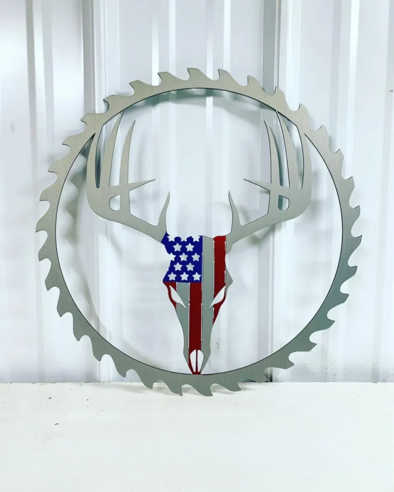 Metal Flag Deer Skull Sawblade - Usa Flag - Deer Skull Sign - Sawblade Decor - Rustic Sign - Gift For Him - Fathers Day Gift - Hunting Gift