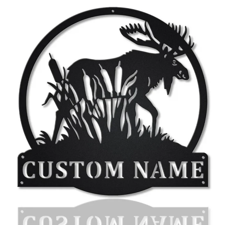 Personalized Moose With Cattails Monogram Metal Sign Art, Custom Moose Family Metal Wall Art, Housewarming Outdoor Metal Sign