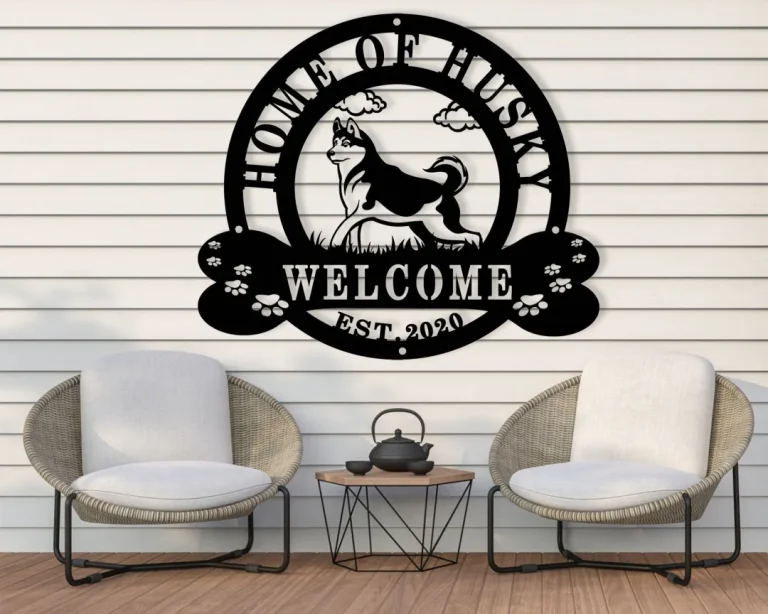 Welcome Husky Sign - Personalized Siberian Husky Dog Metal Sign Art - Dog Gifts Funny - Dog Gift - Rustic Outdoor Home & Garden Decor