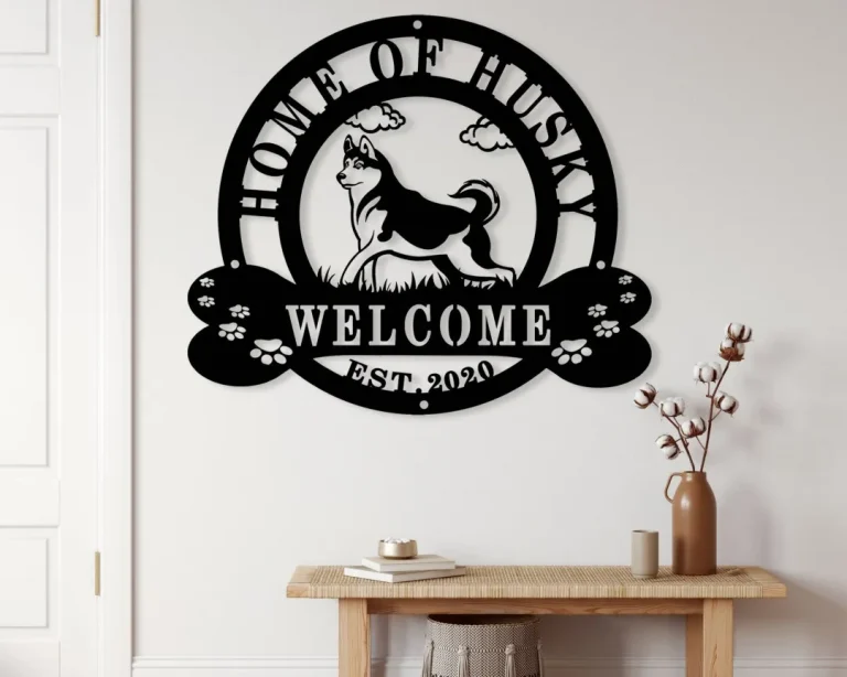 Welcome Husky Sign - Personalized Siberian Husky Dog Metal Sign Art - Dog Gifts Funny - Dog Gift - Rustic Outdoor Home & Garden Decor