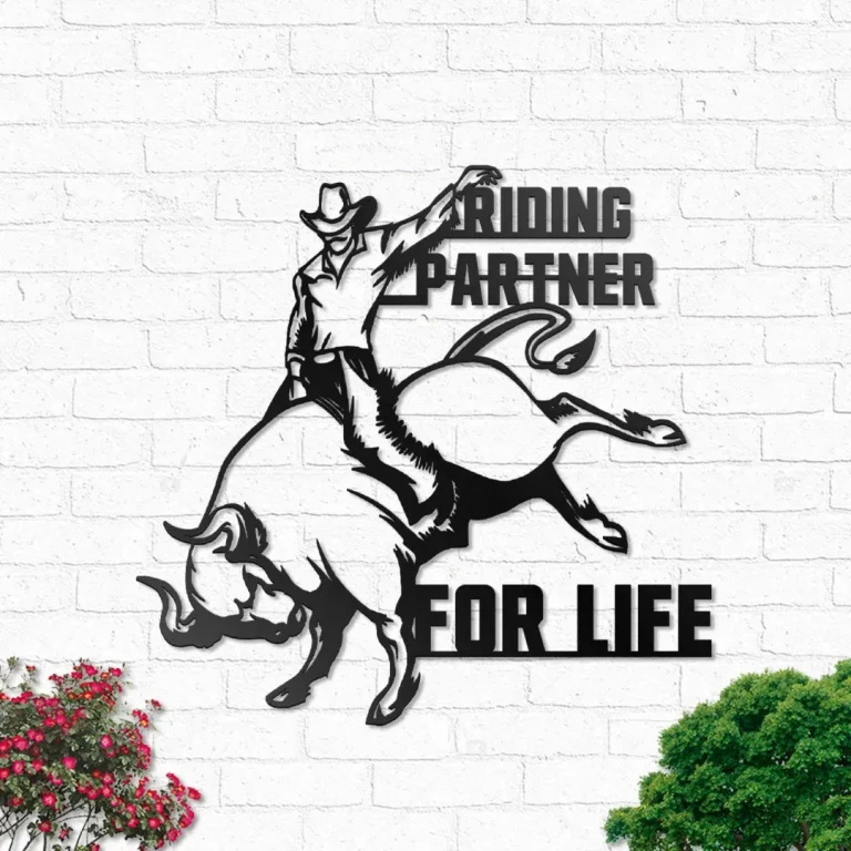 Cowboy Rodeo Bull Riding Partner For Life Metal Wall Art Sign With Led Lights Custom Name Gift For Bull Rider Decor Home Bull Fighting