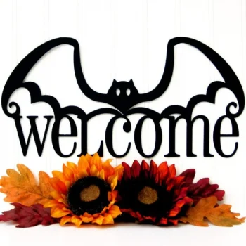 Halloween Bat Welcome Metal Sign - Black, Halloween Decor, Halloween, Bats, Outdoor Sign, Door Sign, Wall Art