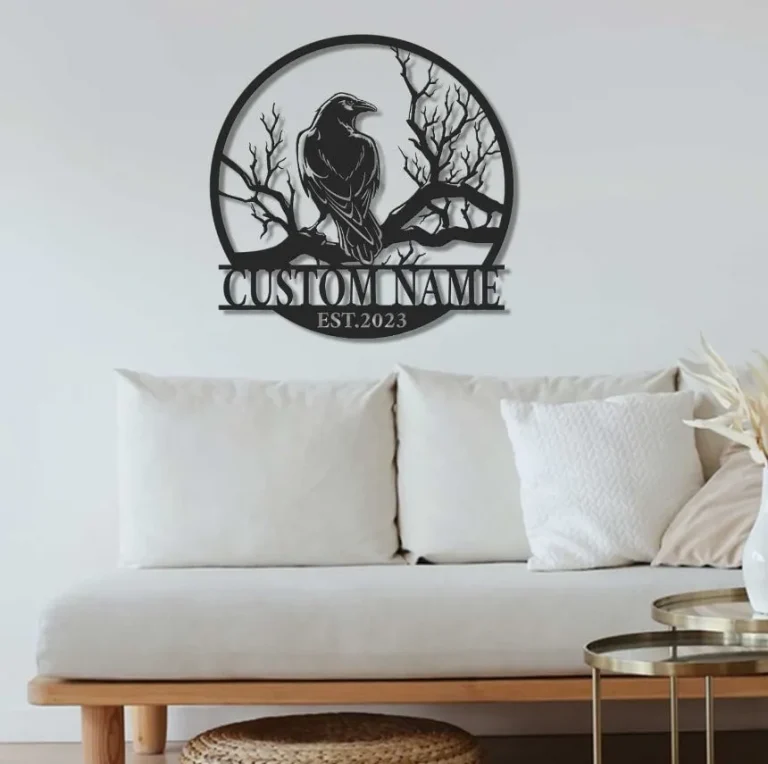 Raven Crow Metal Sign Wall Art, Personalized Raven Crow Lover Name Sign Decor, Custom Raven On Branch Metal Art, Raven Home Decor