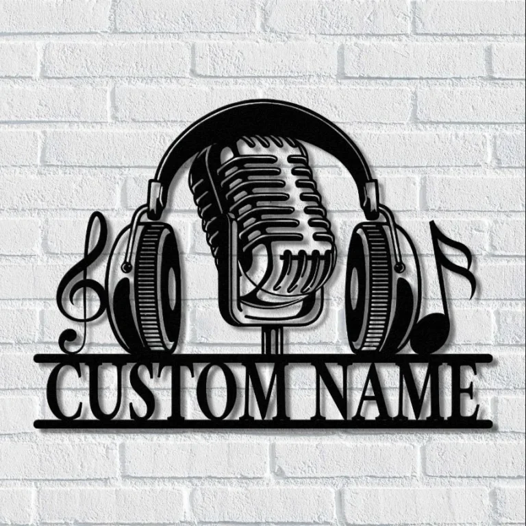 Microphone Headphones Metal Sign Wall Art, Personalized Music Audio Studio Sign, Custom Music Lovers Name Metal, Musical Instrument Metal