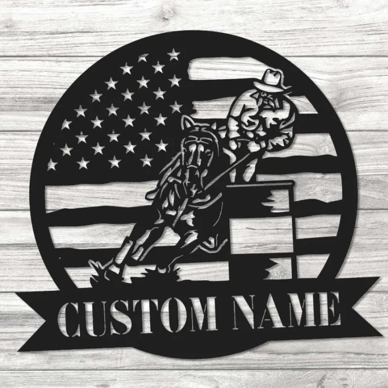 Barrel Racing Metal Sign Wall Art, Custom Horse Stall Sign, Personalized Barrel Racing Galloping Horse With Rider, Farm Ranch Garden Flag