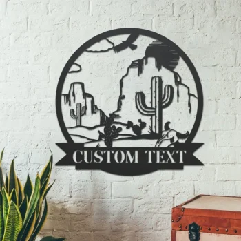 Cactus Desert Mountain Metal Sign Wall Art, Personalized Southwest Desert Name Sign Decor, Custom Family Name Address Welcome Metal Art,