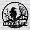 Raven Crow Metal Sign Wall Art, Personalized Raven Crow Lover Name Sign Decor, Custom Raven On Branch Metal Art, Raven Home Decor