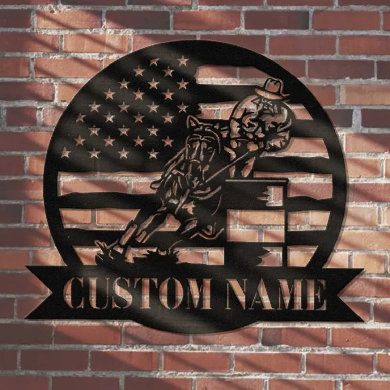 Barrel Racing Metal Sign Wall Art, Custom Horse Stall Sign, Personalized Barrel Racing Galloping Horse With Rider, Farm Ranch Garden Flag