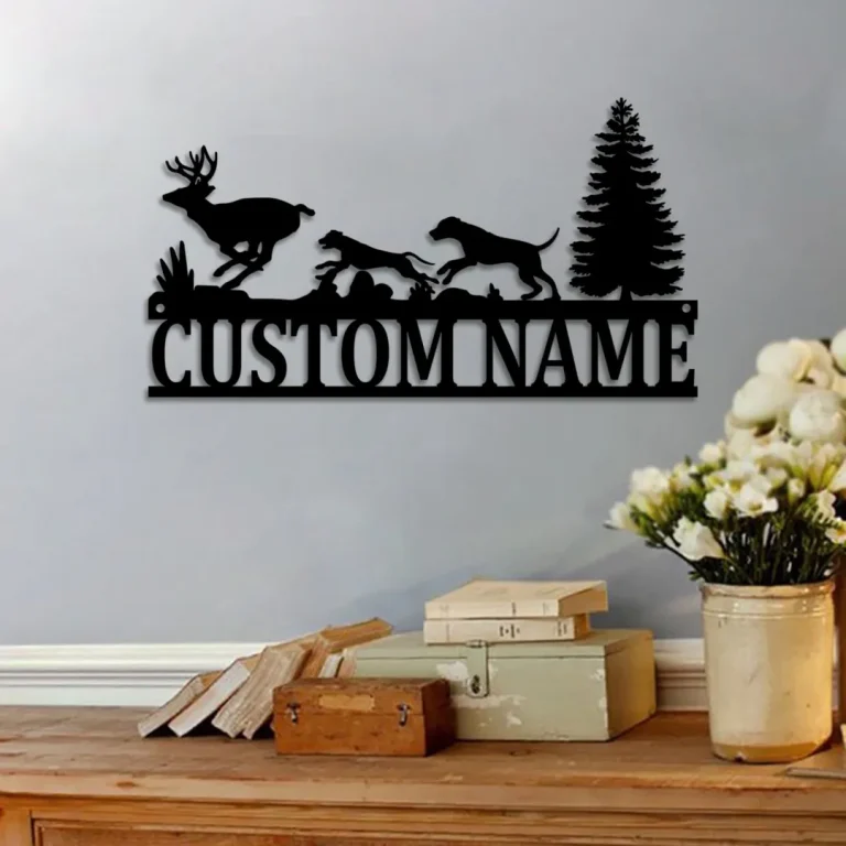 Custom Hound Deer Hunting Metal Wall Art, Personalized Hunter Name Sign Gift For Hunter, Dog Hunting Sign Home Decor, Hunting Deer Sign