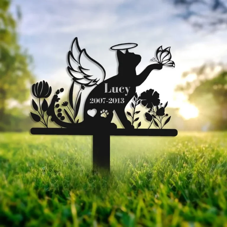 Cat Memorial Metal Stake, Pet Grave Markers, Cat With Butterfly Garden Stake, Personalized Cat Lovers Name Sign, Cat Memorial Marker Metal