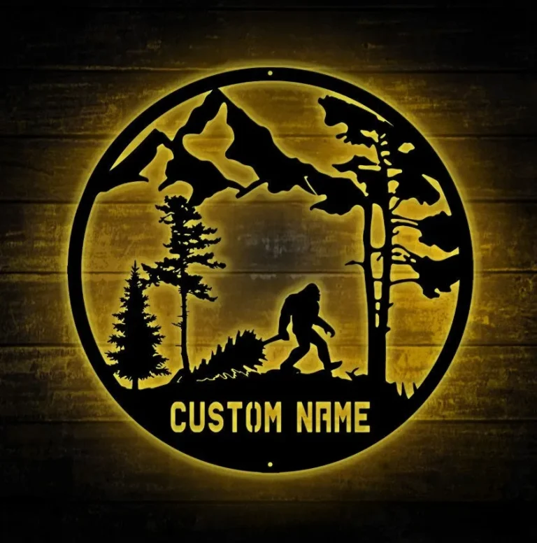 Personalized Scenic Bigfoot Metal Sign With Led Lights, Personalized Sasquatch, Bigfoot Metal Sign, Mountain Scene Monogram Sign, Address Sign