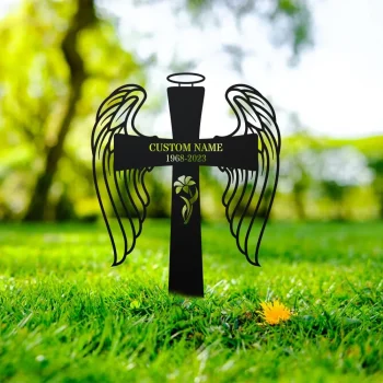 Personalized Cross With Wings Memorial Stake, Grave Marker, Remembrance Stake, Garden Decor, Cross Sign, Metal Stake, Sympathy Sign, Dad Gift