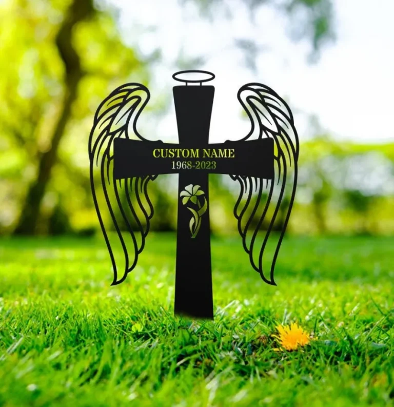 Personalized Cross With Wings Memorial Stake, Grave Marker, Remembrance Stake, Garden Decor, Cross Sign, Metal Stake, Sympathy Sign