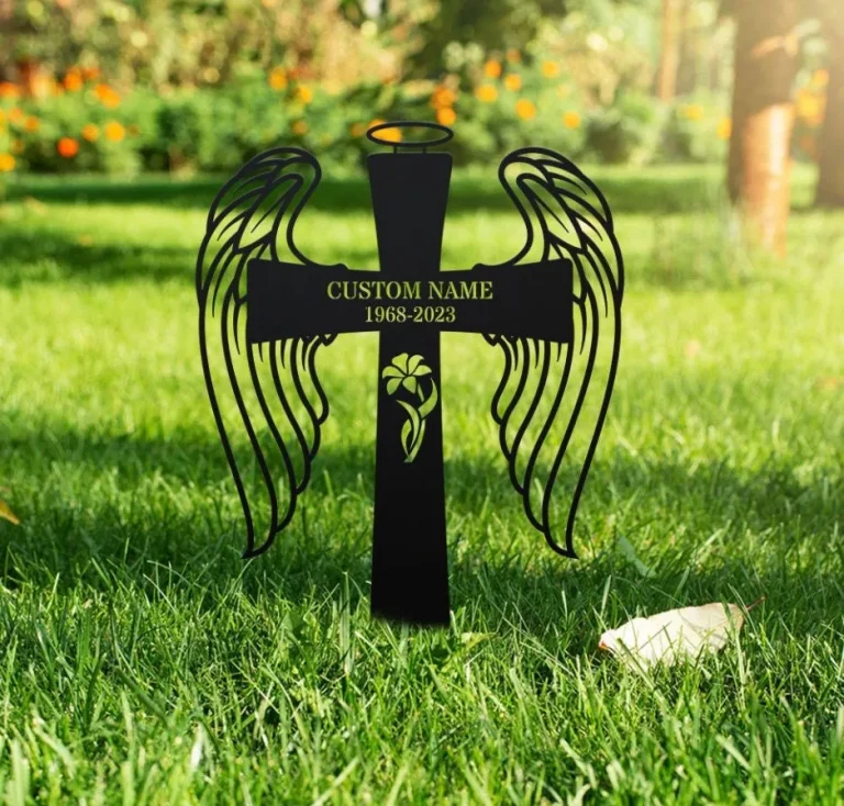 Personalized Cross With Wings Memorial Stake, Grave Marker, Remembrance Stake, Garden Decor, Cross Sign, Metal Stake, Sympathy Sign