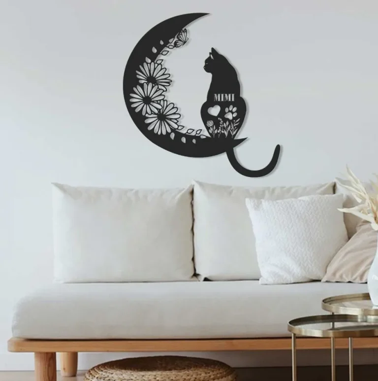 Cat And Moon Metal Wall Art, Cat Wall Decor, Cat Lover Gift, Animal Decor, Home Decor, Housewarming Gift, Cat Gift Sign, Cat On Moon